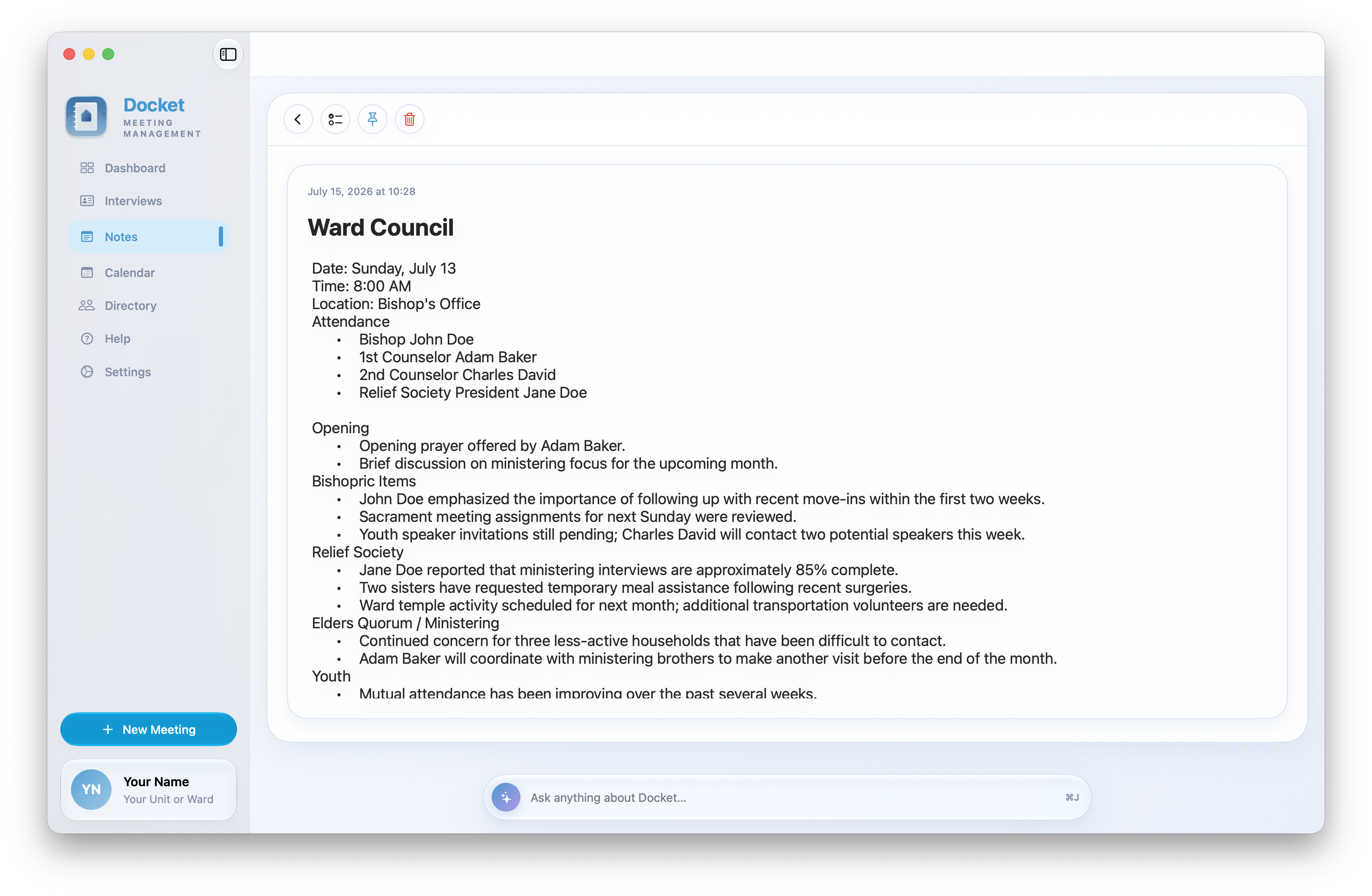 Docket Notes view showing detailed Ward Council meeting notes